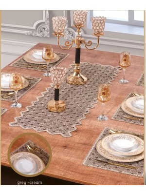 Ceki Home Hasır Supla Takımı Gri-Krem 6 Kişilik 7 Parça Modern Sofra Masa Seti Runnerlı