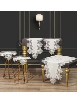 Ceki Home Salon Takımı Kayla Model Krem-Gümüş Keten Masa Örtüsü Runner Seti No 22252 5 Parça