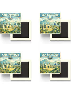 İberk Buzdolap Magnetleri - El Salvador San Salvador Retro Tema - 4 Adet