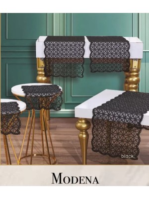 Ceki Home Salon Takımı 5 Parça Tül Işlemeli Masa Örtüsü Runner Seti Çeyizlik Modena Model Siyah