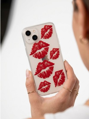 TKÇ Iphone 13 Kırmızı Dudak / Öpücük Desenli Şeffaf Telefon Kılıfı