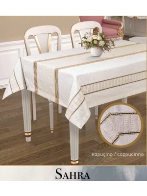 Ceki Home Kapiçino Sahra Model 160X220 cm Polyester Ajurlu Keten Masa Örtüsü Tablecloth Yemek Masası