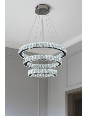 Empressco 3 Katlı Daire Taşlı Ledli Modern Avize Kumandasız Krom