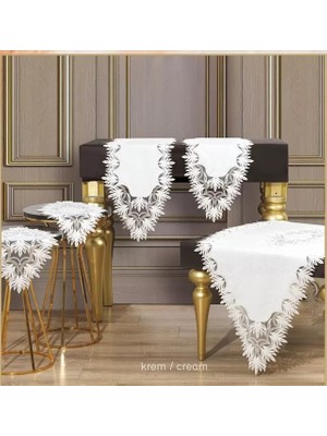 Ceki Home Salon Takımı 5 Parça Dantelli Keten Masa Örtüsü Runner Seti Çeyizlik Samina Model No 85693 Krem