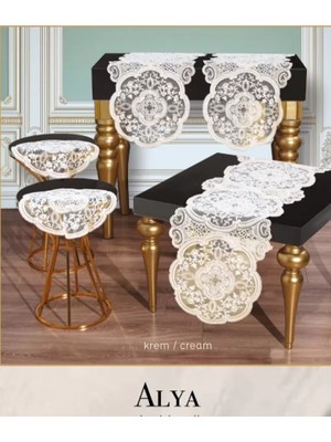 Ceki Home Salon Takımı 5 Parça Dantelli Masa Örtüsü Runner Seti Alya Model NO124 - Krem