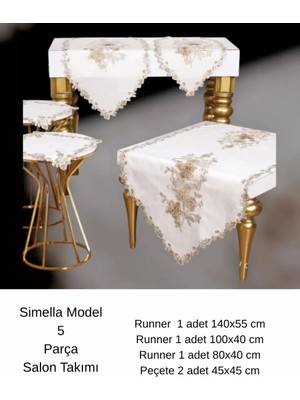 Ceki Home Salon Takımı 5 Parça Nakış Işlemeli Masa Örtüsü Runner Seti Çeyizlik Simella Model No 111 Krem-Kapi