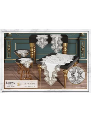 Ceki Home Salon Takımı 5 Parça Keten Dantelli Masa Örtüsü Runner Seti Çeyizlik Lavinya Model Krem-Krem