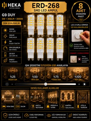 Avarson (8 Adet) Heka 5W Günışığı (3000K) G9 Duylu dim Edilebilir LED Kapsül Ampul