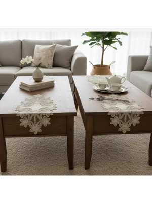 Ceki Home Selena Model Krem Çeyizlik Dantelli Keten Masa Örtüsü Runner Seti Salon Takımı