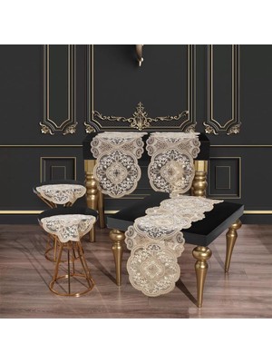 Ceki Home Alya Model Gold 5 Parça Salon Takımı Dantelli Masa Örtüsü Runner Seti