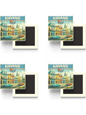 İberk Buzdolap Magnetleri - Küba Cuba Havana Retro Tema - 4 Adet