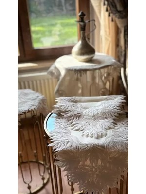 Ceki Home Samina Model Krem Çeyizlik 5 Parça Dantelli Keten Masa Örtüsü Runner Seti