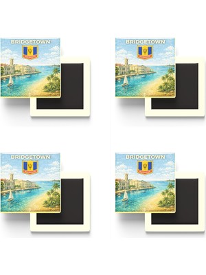 İberk Buzdolap Magnetleri - Barbados Bridgetown Retro Tema - 4 Adet