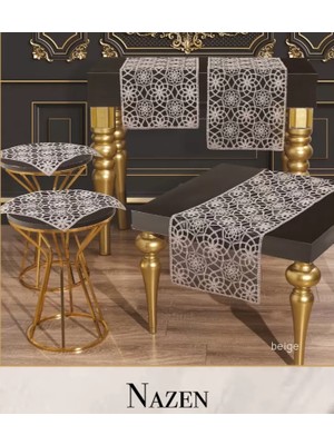 Ceki Home Nazen Model Bej 5 Parça Tül Işlemeli Runner Seti Zarif Salon Takımı