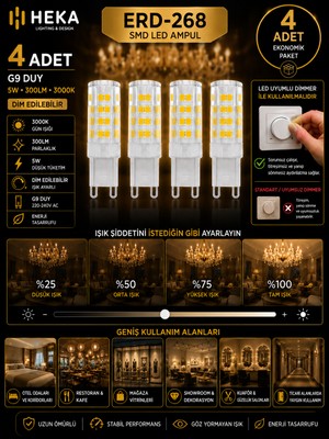 Avarson (4 Adet) Heka 5W Günışığı (3000K) G9 Duylu dim Edilebilir LED Kapsül Ampul