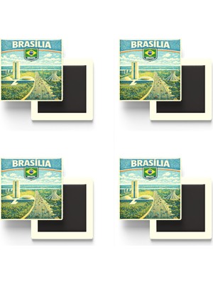 İberk Buzdolap Magnetleri - Brezilya Brazil Brasília Retro Tema - 4 Adet