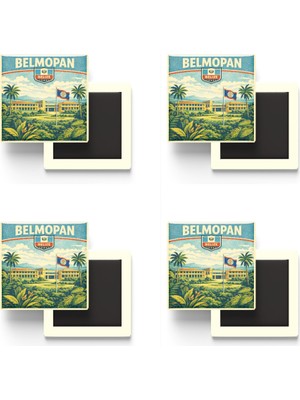 İberk Buzdolap Magnetleri - Belize Belmopan Retro Tema - 4 Adet