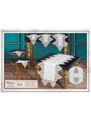 Ceki Home Salon Takımı 5 Parça Dantel Masa Örtüsü Runner Seti Çeyizlik Mimoza Model No 666KREM