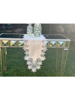 Ceki Home Salon Takımı 5 Parça Dantelli Keten Masa Örtüsü Runner Seti Çeyizlik Selena Model No 96536 Krem