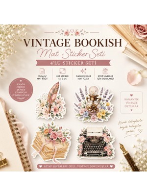 Tişört Kodu Vintage Bookish Mat Sticker Seti – 4’lü | Kitap, Daktilo & Çiçek Temalı