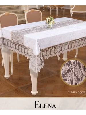 Ceki Home Keten Işlemeli Elena Model 160X260 cm Krem-Gold Dantelli Masa Örtüsü Şık Tasarım