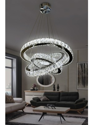 Empressco 3 Katlı Daire Taşlı Ledli Modern Avize Kumandalı Krom