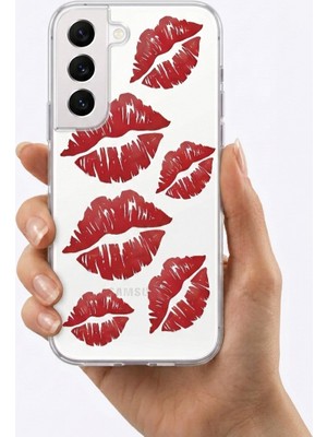 TKÇ Samsung Galaxy S22 Kırmızı Dudak / Öpücük Desenli Şeffaf Telefon Kılıfı