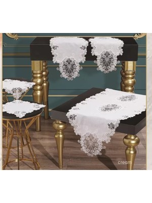 Ceki Home Salon Takımı 5 Parça Keten Dantelli Masa Örtüsü Runner Seti Anna Model - Krem