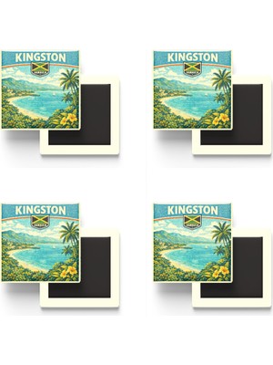 İberk Buzdolap Magnetleri - Jamaika Jamaica Kingston Retro Tema - 4 Adet