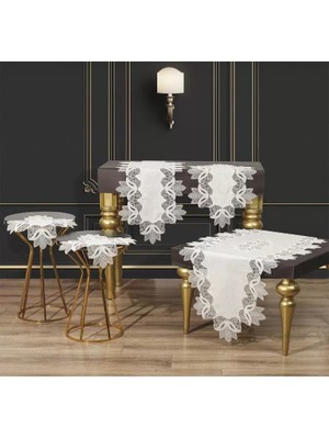 Ceki Home Salon Takımı 5 Parça Keten Dantelli Masa Örtüsü Runner Seti Çeyizlik Kayla Model Krem-Gold