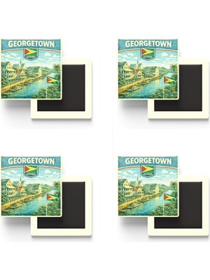 İberk Buzdolap Magnetleri - Guyana Georgetown Retro Tema - 4 Adet