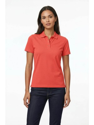 Posh Cabal Kadın Slim Fit Logosuz-Baskısız Mercan Polo Yaka T-Shirt