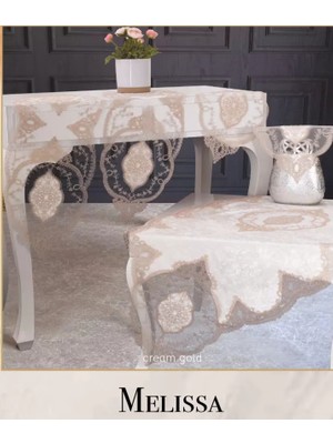 Ceki Home Salon Takımı Melissa Model Krem-Gold 5 Parça Dantel Runner Seti