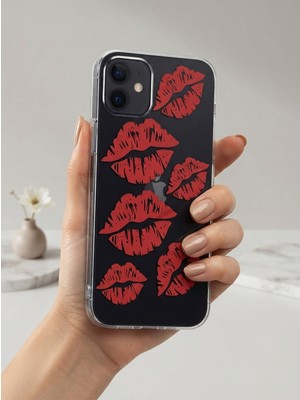 TKÇ iPhone 12 Kırmızı Dudak / Öpücük Desenli Şeffaf Telefon Kılıfı