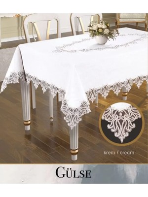 Ceki Home Gülse Model Keten Tek Masa Örtüsü 155X260 cm Krem Dantelli Yemek Masası