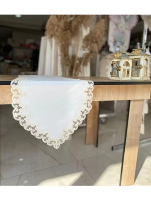 Ceki Home Masa Üzerine Runner, Sehpa Örtüsü Fransız Dantel Detaylı Lale 40 x 145 cm Krem
