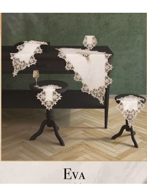 Ceki Home Krem-Krem Eva Model 5 Parça Keten Dantelli Masa Örtüsü Runner Seti Şık Salon Takımı