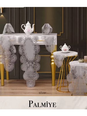 Ceki Home Salon Takımı Çeyizlik Palmiye Model Gri Keten Runner Seti 5 Parça