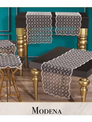 Ceki Home Krem Modena Model 5 Parça Tül Işlemeli Masa Örtüsü Runner Seti No 11242
