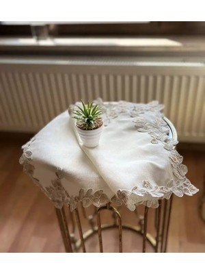 Ceki Home Krem-Kapiçino Çeyizlik Simella Model 5 Parça Nakışlı Masa Örtüsü Runner Seti