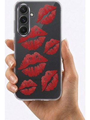 TKÇ Samsung Galaxy S24 Fe Kırmızı Dudak / Öpücük Desenli Şeffaf Telefon Kılıfı