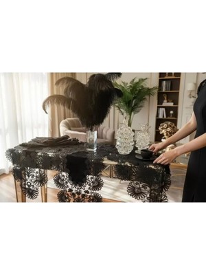 Ceki Home Palmiye Model Siyah 5 Parça Keten Masa Örtüsü Runner Seti Çeyizlik Salon Takımı Şık Tasarım