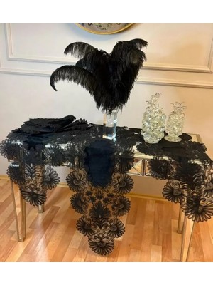 Ceki Home 5 Parça Siyah Çeyizlik Palmiye Model Keten Runner Seti Masa Örtüsü Salon Takımı