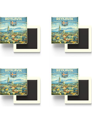 İberk Buzdolap Magnetleri - Izlanda Iceland Reykjavik Retro Tema - 4 Adet