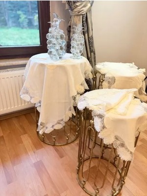 Ceki Home Krem Çeyizlik Flowers Model 5 Parça Keten Dantelli Salon Takımı Runner Seti