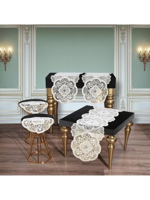 Ceki Home Alya Model Altın 5 Parça Dantelli Salon Takımı Masa Örtüsü Runner Seti