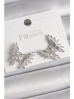 TeknoKapsül Pirinç Gümüş Renk Zirkon Taşlı Kelebek Model Kadın Küpe