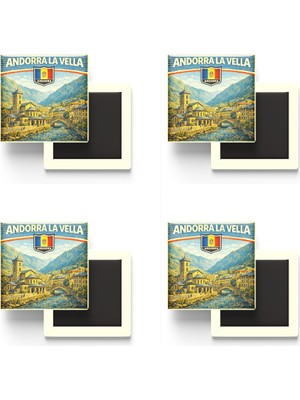 İberk Buzdolap Magnetleri - Andorra Andorra La Vella Retro Tema - 4 Adet