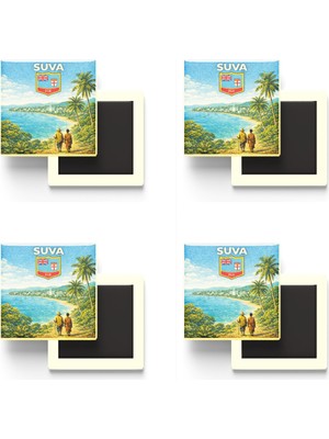 İberk Buzdolap Magnetleri - Fiji Suva Retro Tema - 4 Adet