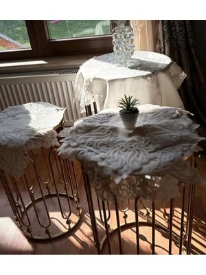 Ceki Home 5 Parça Gülseda Model Krem-Krem Keten Dantelli Runner Seti Çeyizlik Salon Takımı